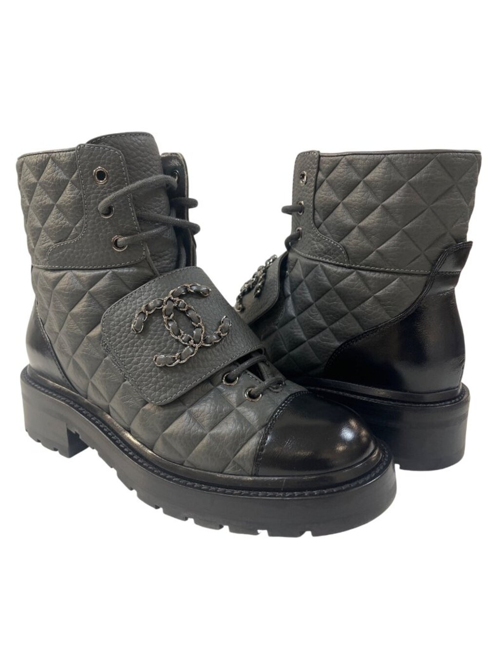 B-8. Chanel Quilted Combat Boot IT 37 US 6.5 Gray Black - Picture 4 of 16